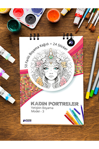 Postermanya Kadın Portreleri Yetişkin Boyama Kitabı 3, Mandala Boyama Kitabı,...