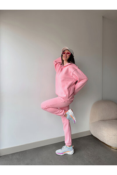 C&C OKULCUNUZ KADIN ÜÇ İPLİK YARIM FERMUAR EŞOFMAN TAKIMI MODERN KALIP