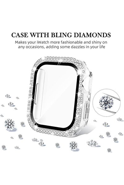 mimtec Apple Watch 1 2 4 5 6 7 8 9 10 Se Serisi 42 Mm Uyumlu Taşlı 360 Tam Koruma Şeffaf Silikon Kılıf