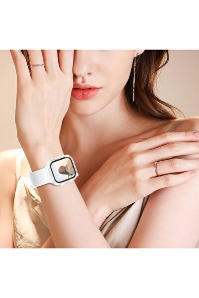 mimtec Apple Watch 1 2 4 5 6 7 8 Se Serisi Uyumlu 40 Mm Taşlı 360 Tam Koruma Şeffaf Silikon Kılıf
