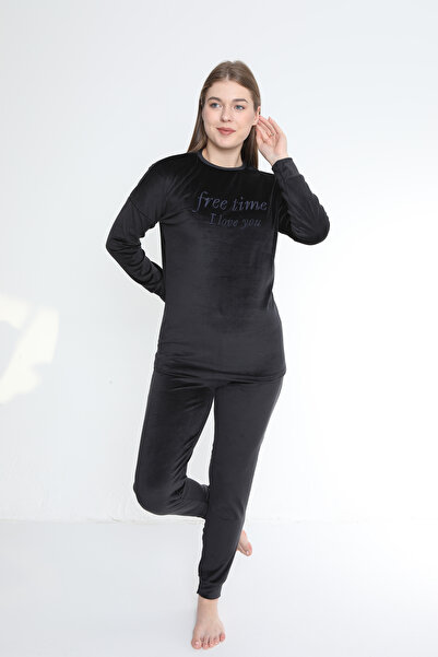 FAMES PİJAMA Black Free Time French Velvet Long Sleeve Winter Women's Pajama Set