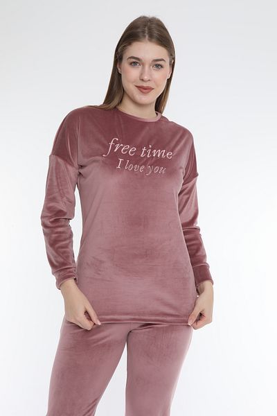 FAMES PİJAMA Pink Free Time French Velvet Long Sleeve Winter Women's Pajama Set