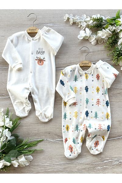 Renkli Puset 2-Piece Organic Cotton Baby Rompers Set with Booties Tree Deer