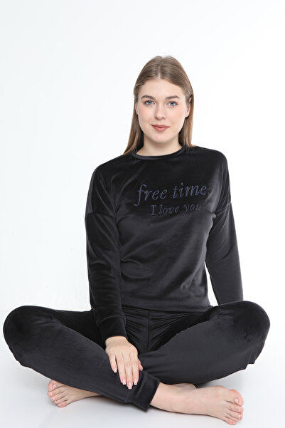 FAMES PİJAMA Black Free Time French Velvet Long Sleeve Winter Women's Pajama Set