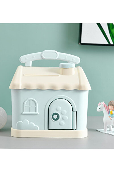 Genel Markalar Sevimli Ev Motifli Anahtarlı Kumbara Mavi