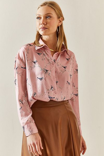 XHAN Powder Patterned Flowy Satin Shirt 4KXK2-47758-50