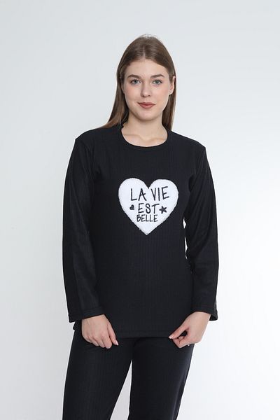 FAMES PİJAMA Est Belle Black Rose Gold Interlock Fabric Long Sleeve Winter Women's Pajama Set