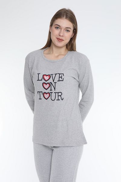 FAMES PİJAMA Love On Your Gray Interlock Fabric Long Sleeve Women's Pajama Set