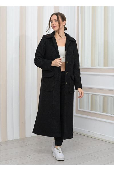 Nuseel New Season Collared Plush Curly Long Coat Black