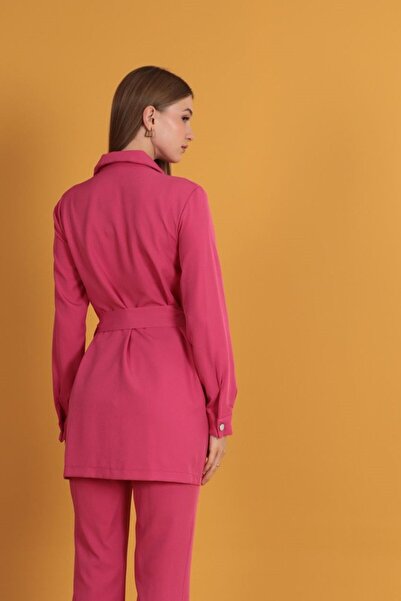 RICHMOST Women's Long Sleeve Standard Patterned Atlas Fabric Jacket Pink with Belted Waist and Pocket Detail