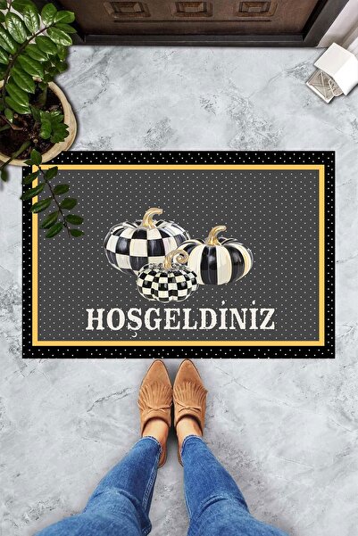 linazaitun Dijital Baskılı Balkabağı Desenli Hoşgeldiniz Yazılı Dekoratif Kapı Önü Paspası