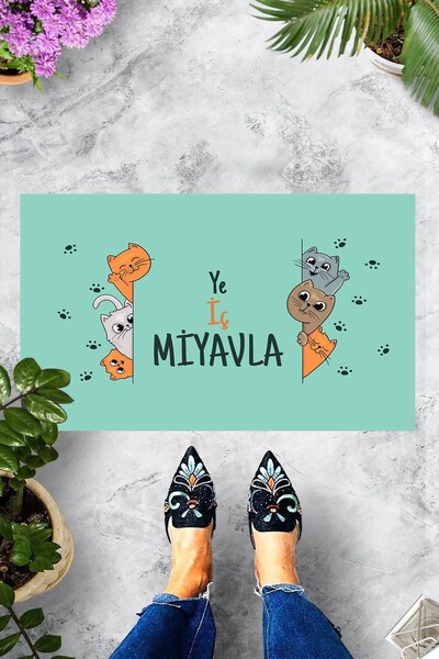 linazaitun Dijital Baskılı Ye İç Miyavla Yazılı Kedi Desenli Dekoratif Kapı Ö...