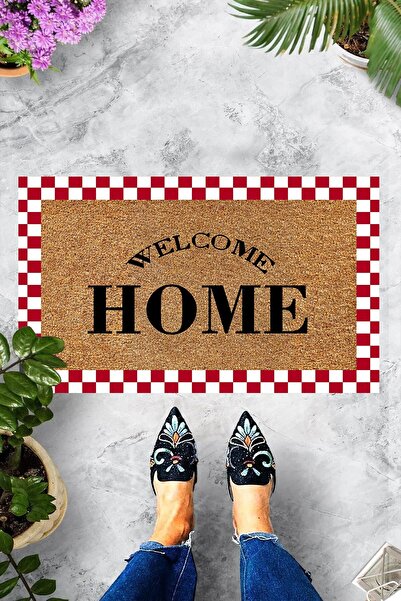 linazaitun Dijital Baskılı Welcome Home Yazılı Kırmızı Dama Figürlü Dekoratif Kapı Önü Paspası