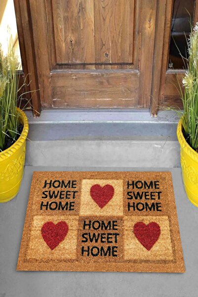 linazaitun Dijital Baskılı Home Sweet Home Yazılı Kalp Figürlü Dekoratif Kapı Önü Paspası