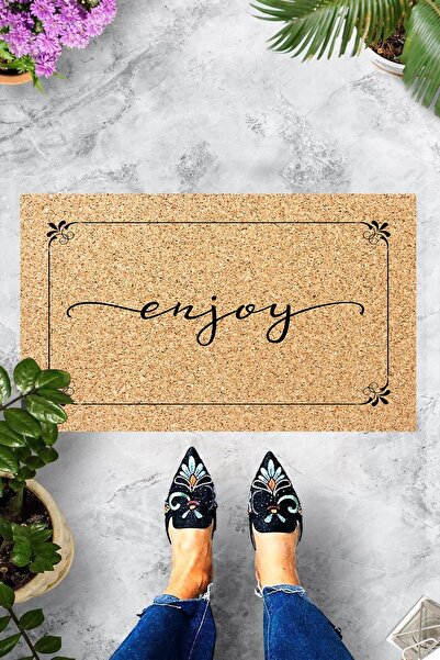 linazaitun Dijital Baskılı Çerçeveli Enjoy Yazılı Dekoratif Kapı Önü Paspası