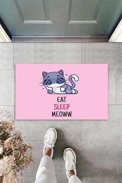 linazaitun Dijital Baskılı Eat Sleep Meow Yazılı Kedi Desenli Dekoratif Kapı Önü Paspası