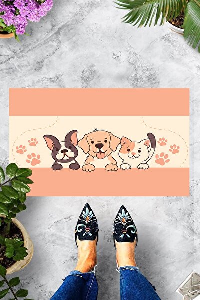 linazaitun Dijital Baskılı Kedi ve Köpek Desenli Dekoratif Kapı Önü Paspası