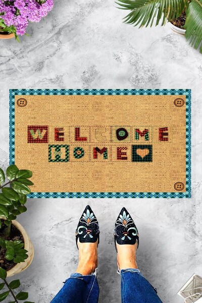 linazaitun Dijital Baskılı Welcome Home Yazılı Düğme Desenli Dekoratif Kapı Ö...