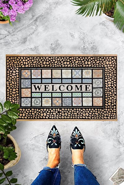 linazaitun Dijital Baskılı Welcome Yazılı Taş Desenli Dekoratif Kapı Önü Paspası