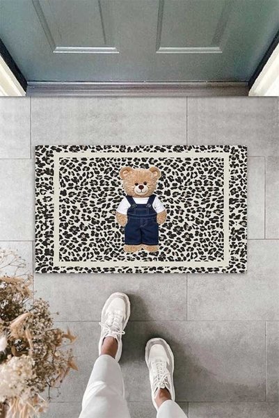 linazaitun Digital Printed Leopard Patterned Teddy Bear Motif Decorative Door Mat