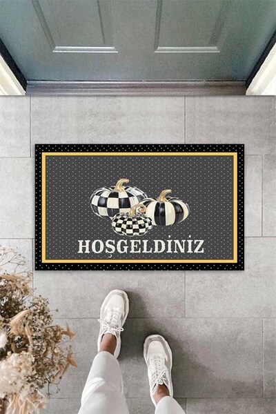 linazaitun Dijital Baskılı Balkabağı Desenli Hoşgeldiniz Yazılı Dekoratif Kapı Önü Paspası