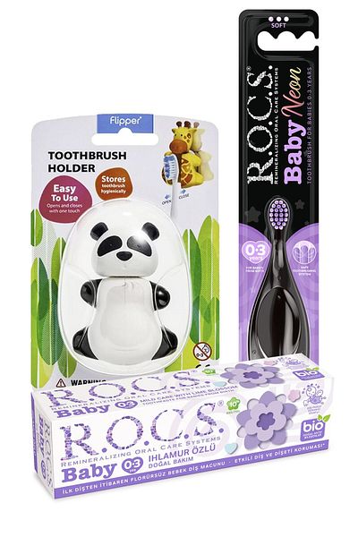 R.O.C.S. Baby Neon Complete Oral Care Set - Linden Paste + Neon Brush Purple + Panda Storage Container