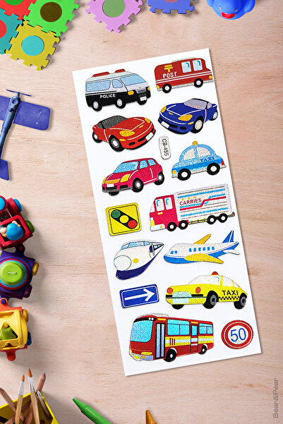 BearPear Trafik Araçları Simli Çocuk Sticker Yapıştırma