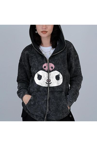 Touz Kuromi Face Printed Vintage Washed Full Zip Detail Unisex Oversize Hooded Cardigan