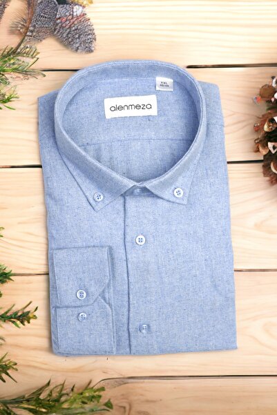 alenmeza Erkek Açık Mavi Kışlık Melanj Oduncu Cepsiz Modern Fit Gömlek