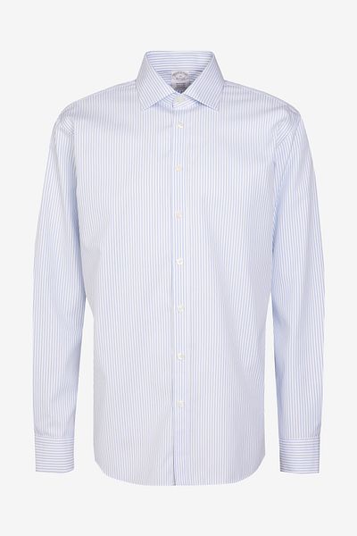 BROOKS BROTHERS Men's White-Blue 100% Cotton Regular Fit Classic Lapel Print Shirt
