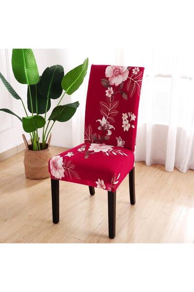 FurkanTicaret 6 Pieces Red Floral Patterned Digital Velvet Case - Standard Chair Cover