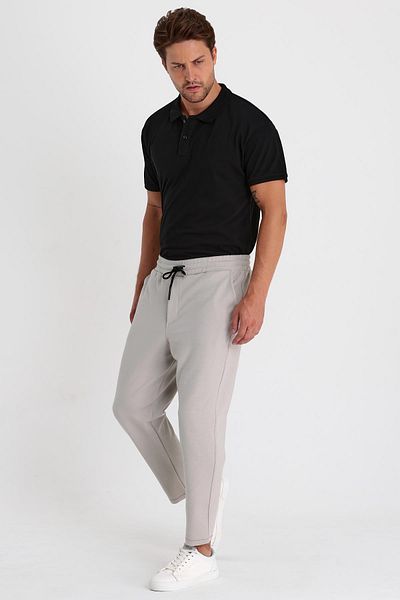 COMBİNE MİCHAİL Men's Gray Side Pocket Elastic Waist Lace Up Relaxed Fit Comfortable Cut Jogger Pants
