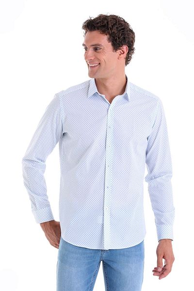 Hatemoğlu Синя ежедневна риза с дълъг ръкав и принт Slim Fit, 100% памук