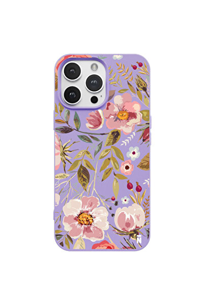 Casen iPhone 15 Pro Özel Tasarım Renkli Çiçekli Yağlı Boya Lila Renkli Siliko...