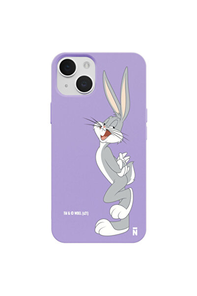 Casen iPhone 15 Bugs Bunny Sevimli Tavşan Gülümseme Lila Silikon Telefon Kılıfı