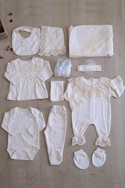 Sitilin Baby Girl Beige Natural Cotton Fabric Lacy Luxury 10 Piece Hospital Discharge Set Stl6407