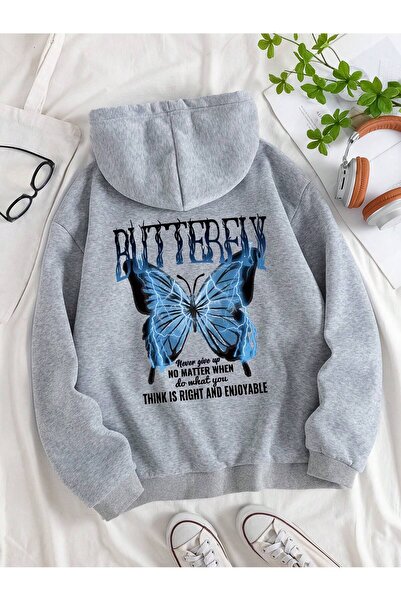 Tarzsokak Hanorac cu glugă și șnur, cu imprimeu slogan și fluturi, buzunar ca...