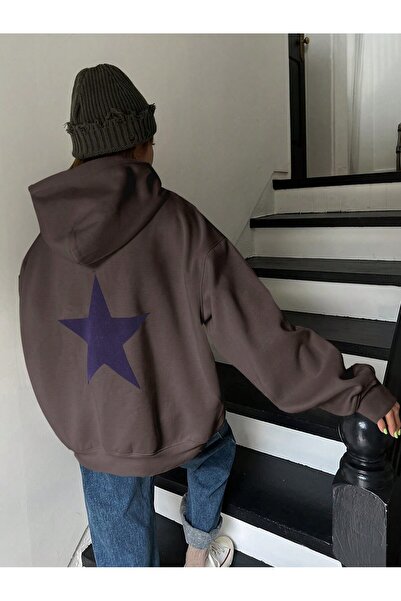 Tarzsokak Hanorac cu glugă cu imprimeu stele și umeri căzuți, maro