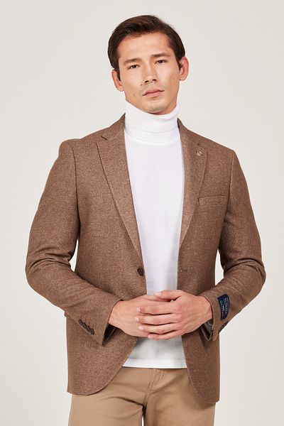ALTINYILDIZ CLASSICS Мъжко кафяво вълнено яке Slim Fit Slim Fit с моно яка