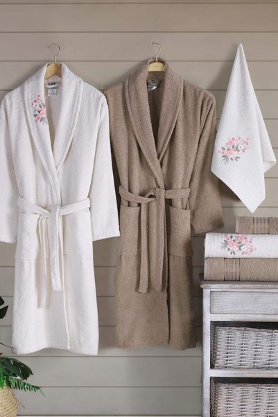 newhome Mimoza 6 Piece Boxed 100% Cotton Family Bathrobe Set Cream/brown
