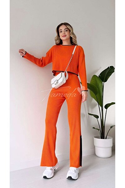 Jungle Paçası Yırtmaçlı Turuncu Renk Kadın Triko Takım