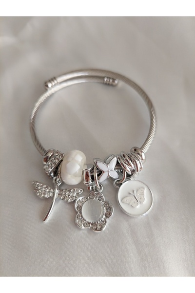 BLUNCHSTORE CHARM WHITE BUTTERFLY STONE STEEL BRACELET