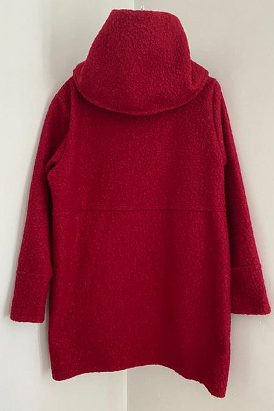 AYASOFYA OTANTIK Women's Italian Red Buttoned Pocket Hooded Boucle Coat