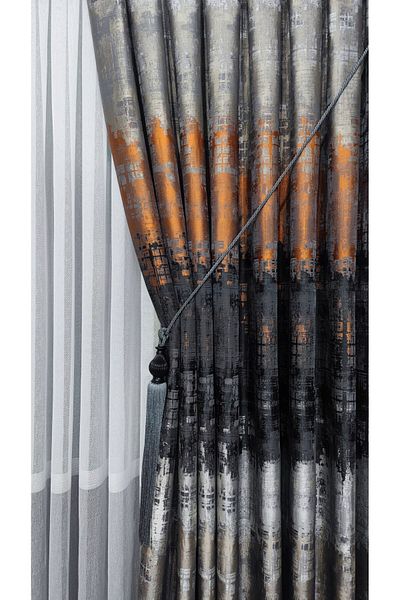 Yuka Panel Background Curtain Orange Black Gray Multicolored Patterned Single Wing Closely Pleated Yuka Home Luxury Series