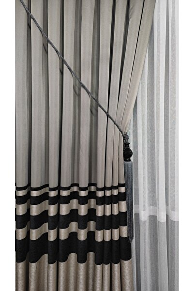 Yuka Panel Background Curtain Light Gray Black Chenille Horizontal Striped Single Wing Closely Pleated Yuka Home Luxury Series