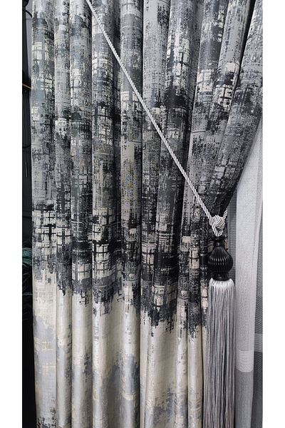Yuka Panel Background Curtain Gray Black Cream Multicolored Patterned Single Wing Closely Pleated Yuka Home Luxury Series