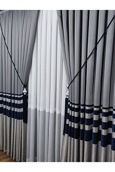 Yuka Panel Background Curtain Light Gray Navy Blue Chenille Horizontal Striped Single Wing Closely Pleated Yuka Home Luxury Series