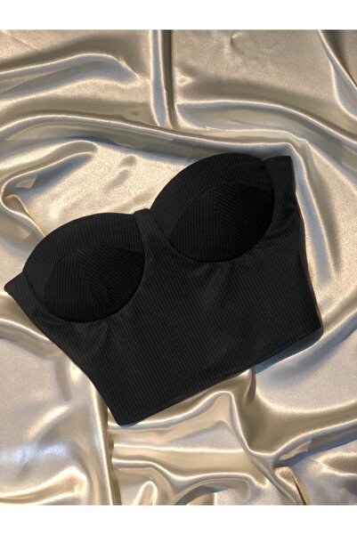 Miss Monalisa Moda Siyah Crop Çizgili Astarlı Dokuma Korse Detaylı Büstiyer