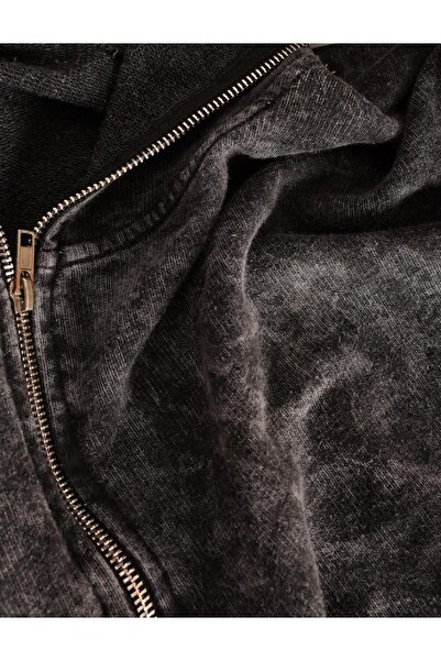 Touz You Bum Cat Printed Vintage Washed Full Zip Detail Unisex Oversize Hooded Cardigan