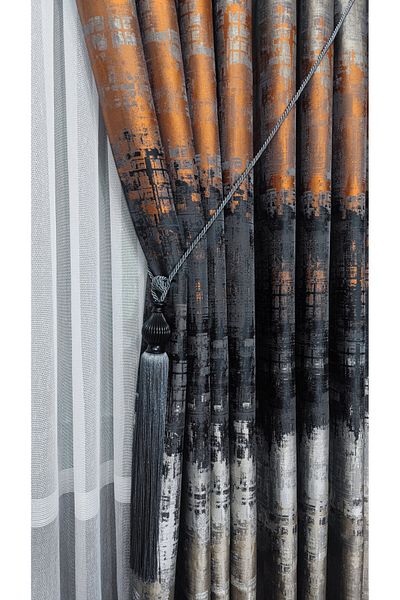 Yuka Panel Background Curtain Orange Black Gray Multicolored Patterned Single Wing Closely Pleated Yuka Home Luxury Series